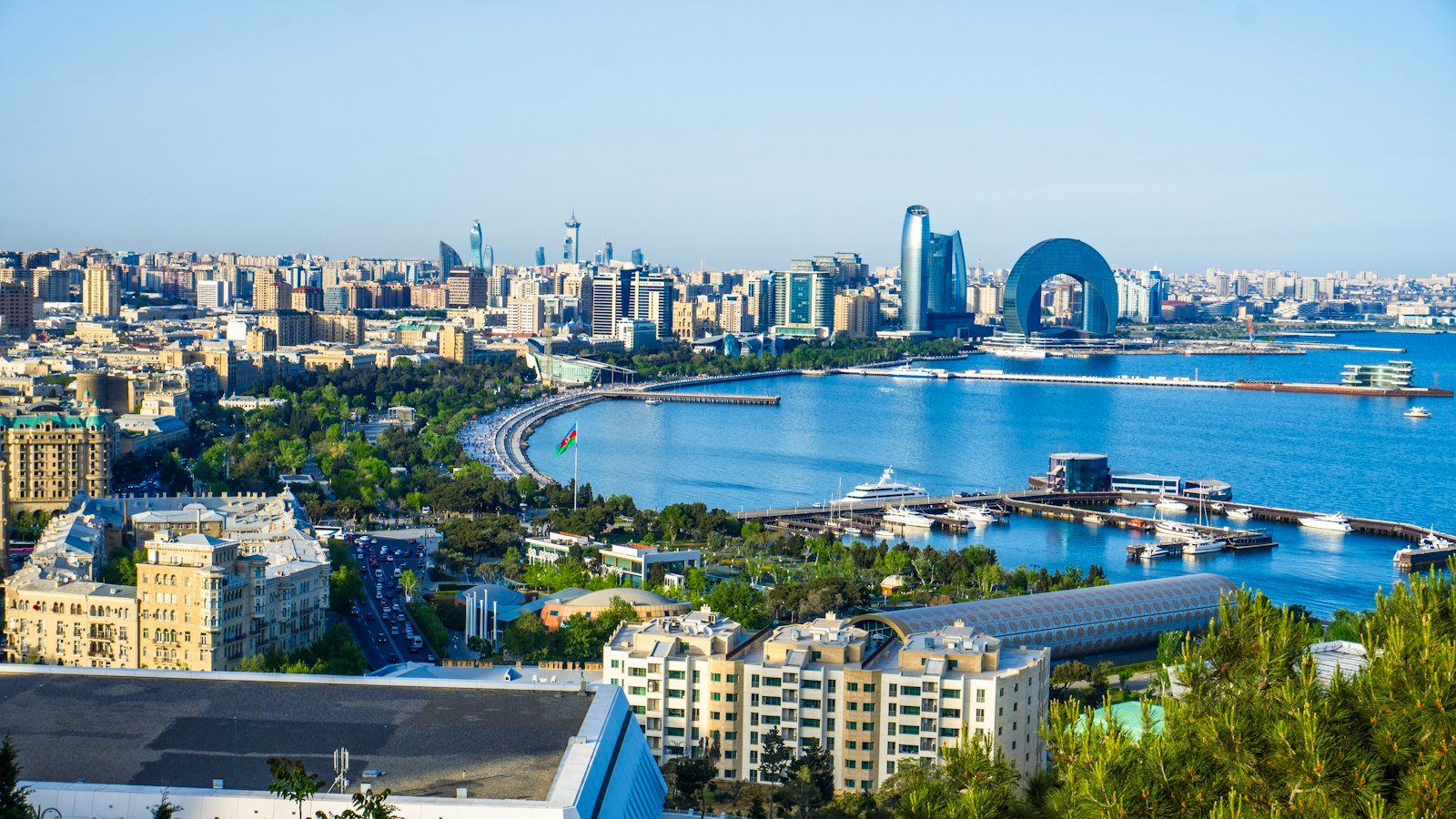 Baku skyline beside the Caspian Sea in Azerbaijan