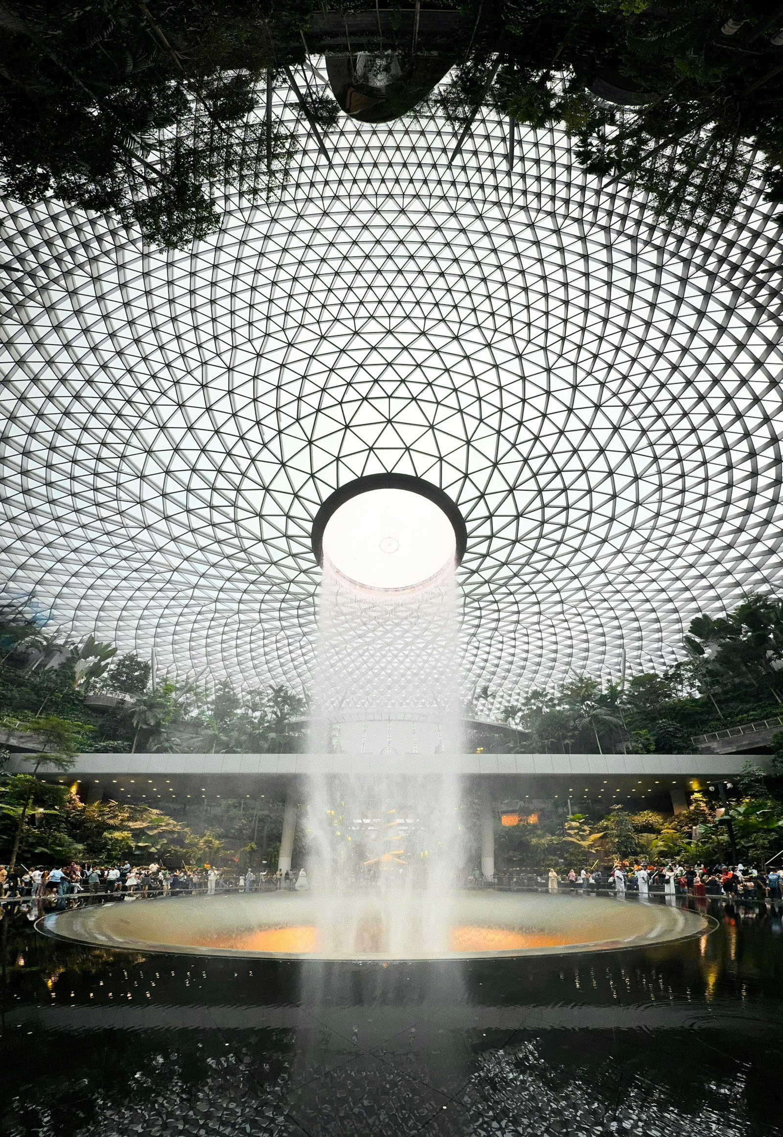 Indoor Rain Vortex beneath the glass dome at Jewel Changi Airport, Singapore