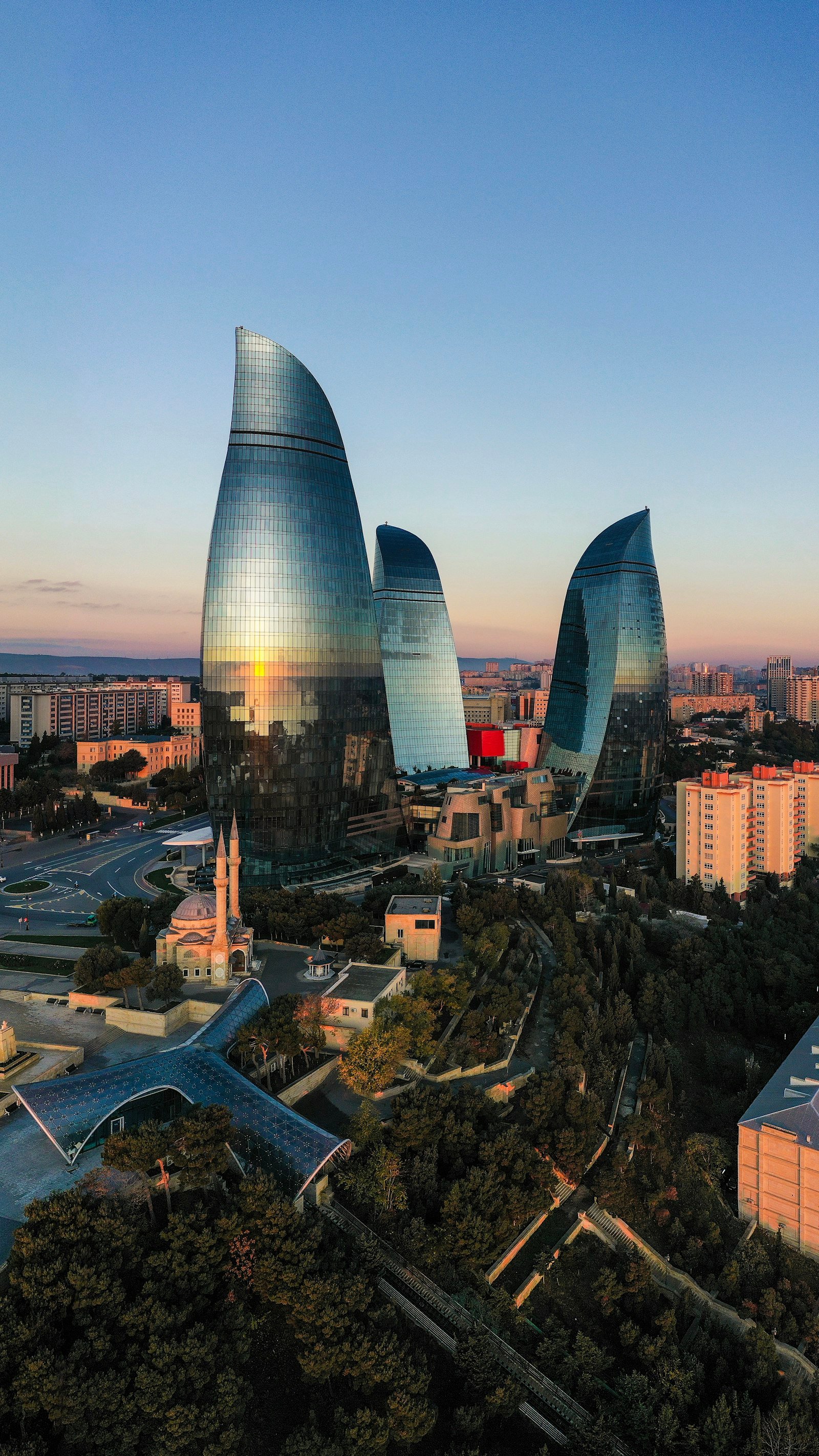 Flame Towers glowing above Baku at night, Azerbaijan