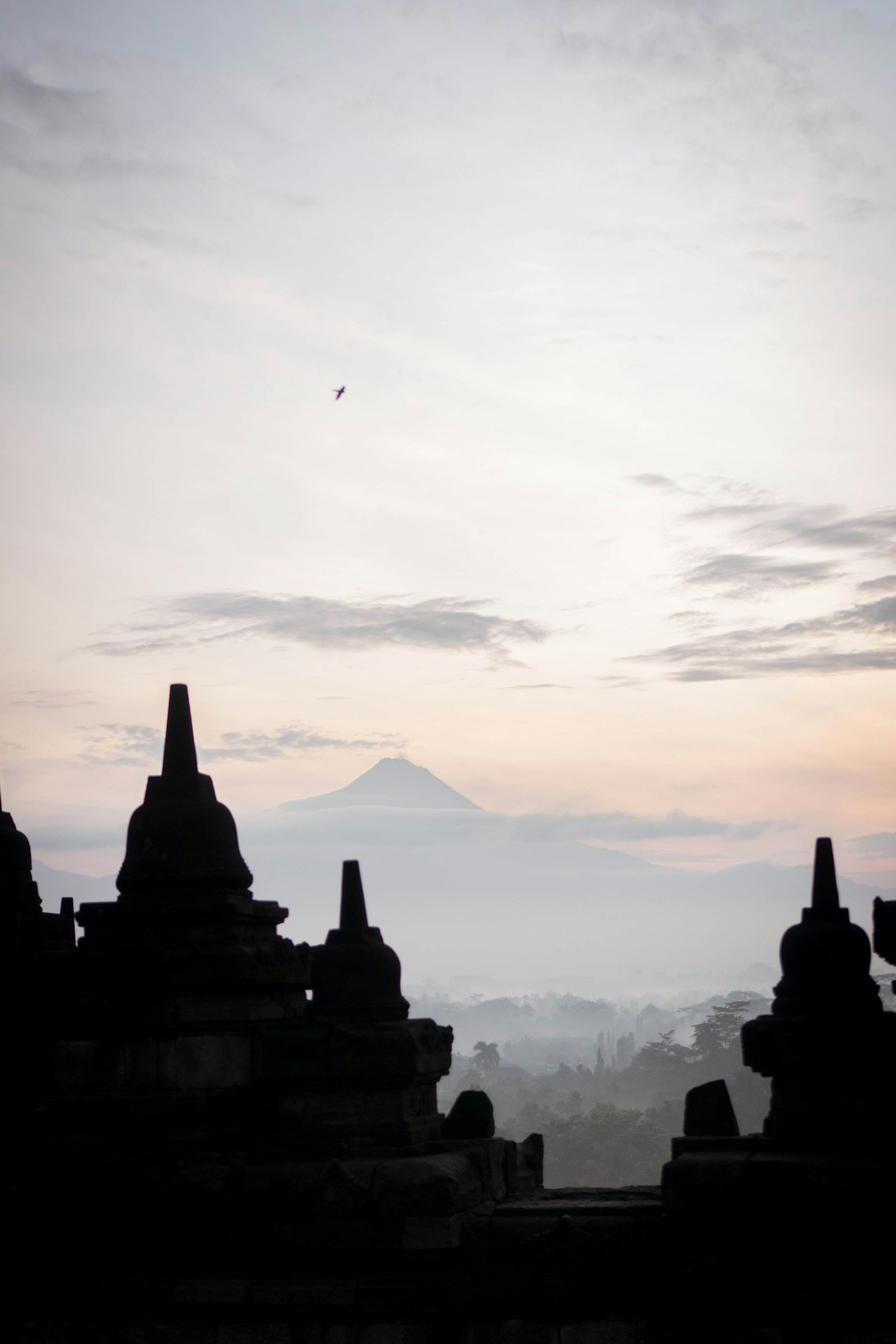 Borobudur temple silhouetted at sunrise in Central Java, Indonesia