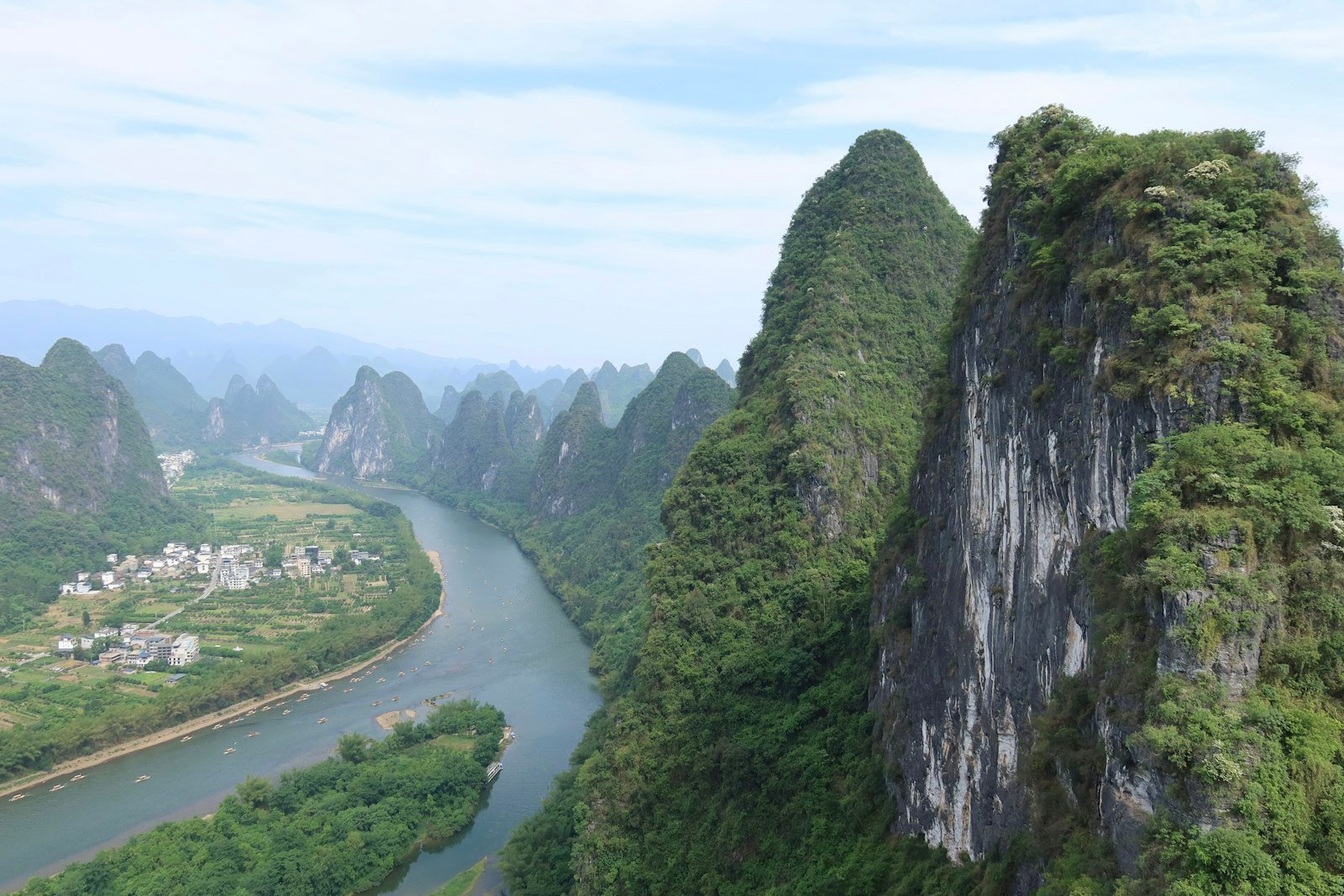 Lush karst mountains and winding river landscape in Guilin, China