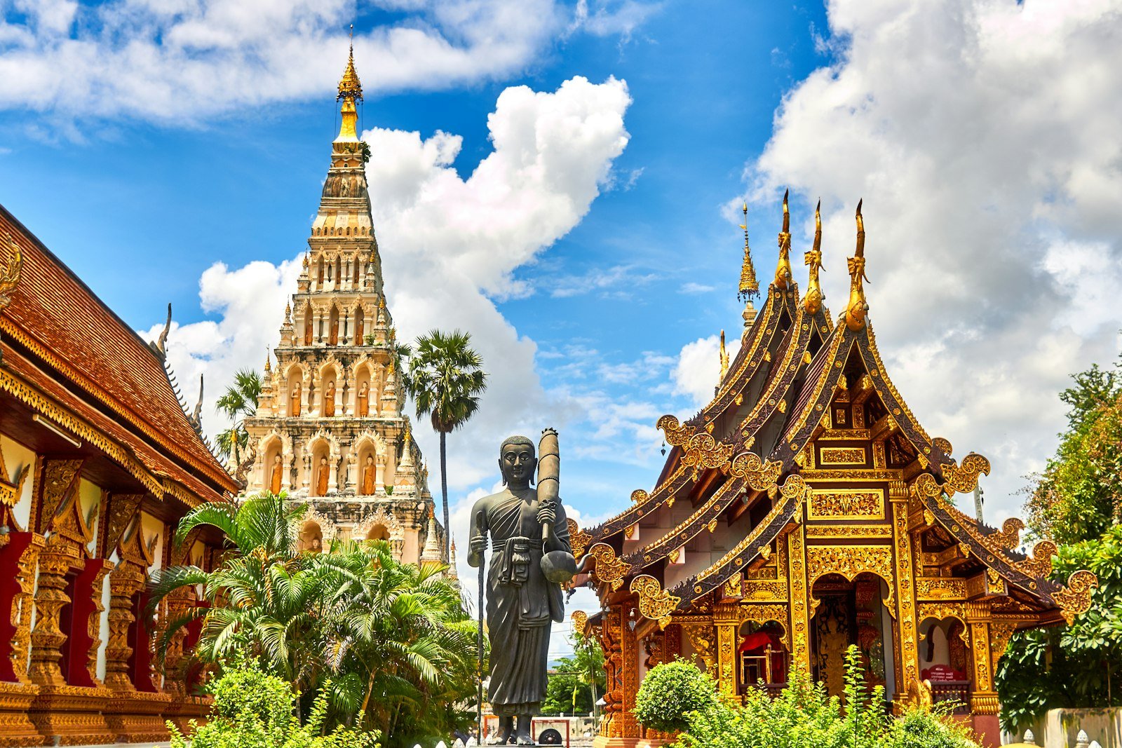 Ornate historic temple beside the river in Thailand